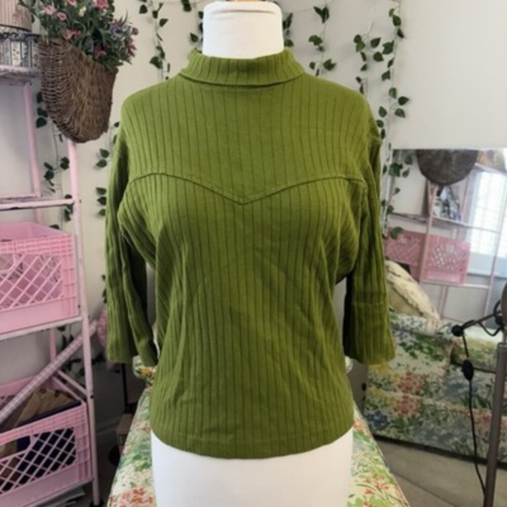 Vintage H Bar C Ribbed Western Knit Top | Olive Green Mock Neck | Zip Back